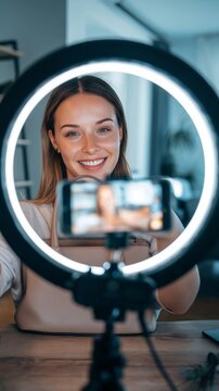 Young woman showing handbag during live stream with ring light and smartphone