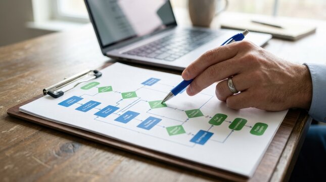 Workflow analysis and optimization. Business automation and system management with process improvement. Businessman drawing flowchart and analyzing processes.