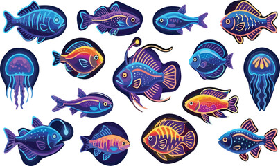 Neon Tropical Fish and Jellyfish Collection with Glowing Underwater Marine Creatures Vector Illustration Set © Momota