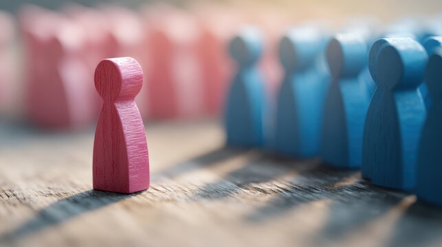 Single red wooden figure facing a group of blue wooden figures on a wooden surface symbolizing individuality versus conformity or standing out in a crowd concept