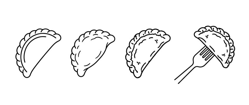 Charming black lineart depicting empanadas in various states, including a serving fork, reflecting culinary traditions and comforting home meals.
