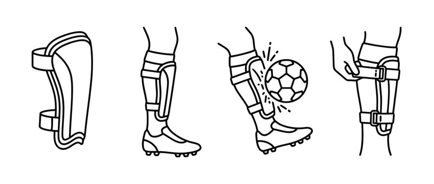 A clean illustration showcasing the elements of soccer shin guards, emphasizing the importance of sports safety gear through a minimalist black line art style.