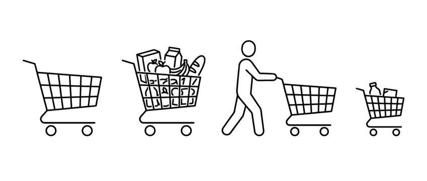 A simple black line art depiction of shopping carts, focusing on the act of shopping and consumerism while illustrating everyday moments in life.