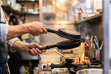 Obraz premium Street food chef cooking traditional waffles using a heavy cast iron mold over an open gas flame