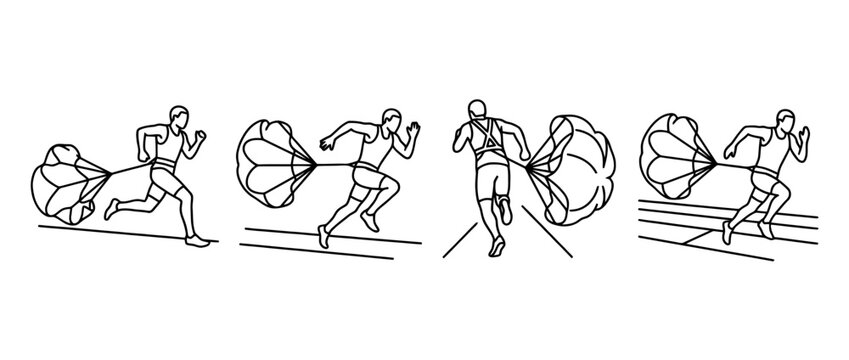 This image features dynamic black lineart illustrating athletes running with parachutes, highlighting the theme of athletic performance and training techniques in a minimalist style.