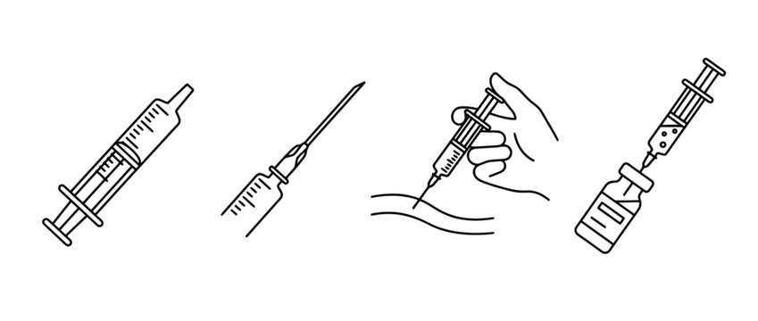 This image portrays simple black line art of syringes and injections, representing medical themes of health and care in a clear and concise style.