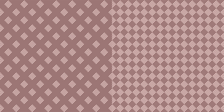 A set of seamless isolated patterns of lines, squares, stripes, dashes, and rectangles on a brown-beige background. Vector illustration.