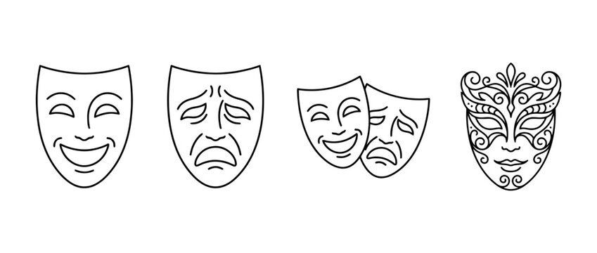 An artistic representation through simple black lineart showcasing drama masks ranging from happy to sad, capturing the essence of theatrical art and emotions.