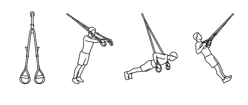 This image captures the essence of fitness with four variations of TRX suspension training exercises, illustrated in clean black line art style.