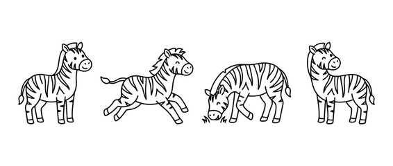 Naklejka premium This image features a series of simple black lineart drawings capturing the playful nature of zebras in various playful stances and interactions.