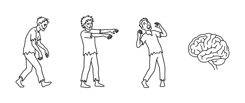 This illustration showcases a sequence of zombie characters in black lineart style, with a focus on their action and desire for brains, emphasizing humor.