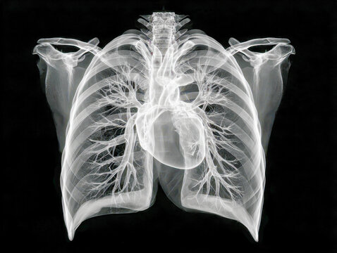 Detailed anatomical digital rendering of human chest showing lungs, heart, ribs, and shoulder bones in transparent style on black background for medical study