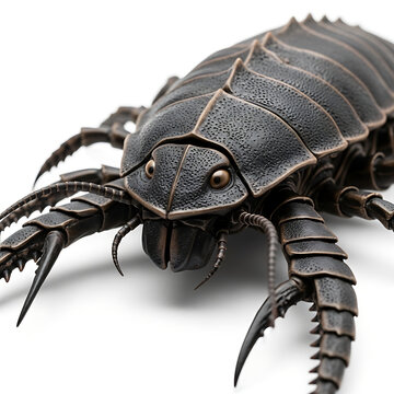 Isolated prehistoric arthropod with segmented exoskeleton and sharp claws on white background