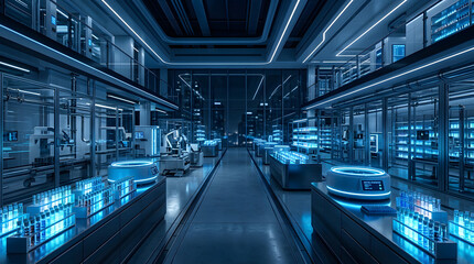 Obraz premium Futuristic tech laboratory interior with glowing blue lights and scientific equipment