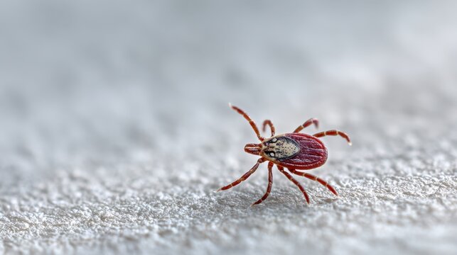 Detailed view of a small reddish tick crawling on a textured light surface isolated with soft natural lighting and shallow depth of field background blur