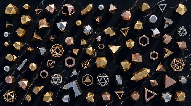 Collection of geometric metallic shapes and polyhedrons arranged on a dark black marble surface