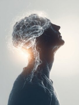 Profile of a person with illuminated neural network patterns representing brain activity and cognitive processes in a conceptual digital art style