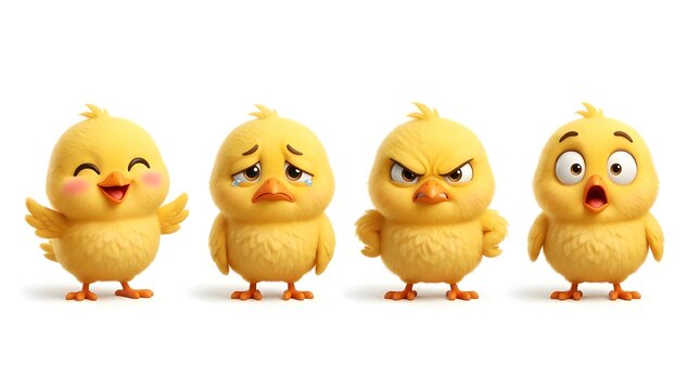 The image features four adorable, cartoon-style yellow chicks lined up against a plain white background, each displaying a distinct and exaggerated emotion.