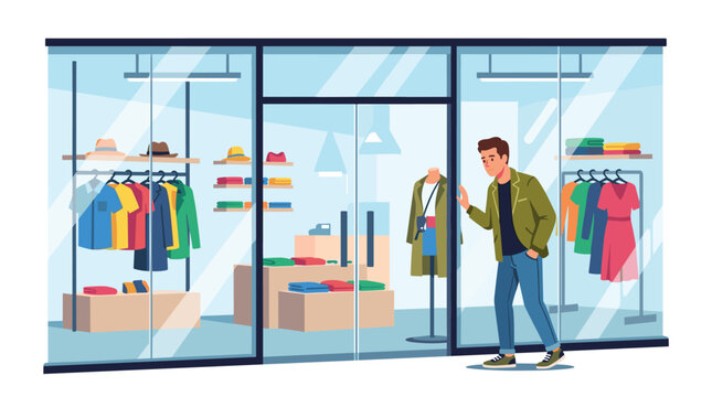 A young man in a green jacket and blue jeans stands outside a modern clothing store, looking at the merchandise displayed in the window.