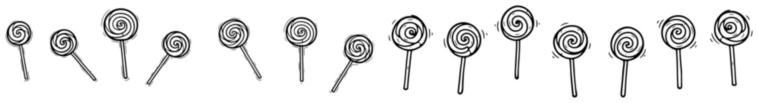 Lollipop candy border pattern with spiral swirl shapes on sticks in hand drawn doodle style