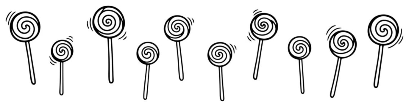 Swirl lollipop candy border with various spiral shapes and sticks in hand drawn doodle style