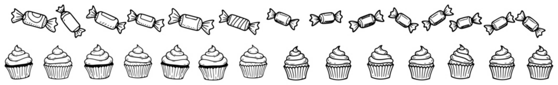 Cupcakes and sweet candies borders in hand drawn doodle style