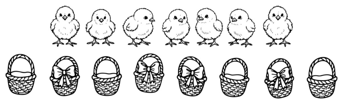 Chicks and woven easter baskets with bows set in hand drawn line art style