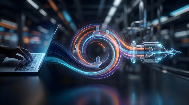 Digital Transformation and AI Integration Concept &mdash; Human Intelligence Flowing Through Technology for Innovation