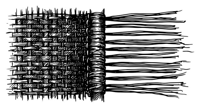 Woven fabric texture with loose threads in vintage engraved woodcut style