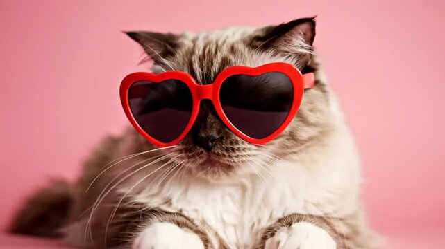 Funny Fluffy Cat Wearing Red Heart Shaped Sunglasses Looking Around On Pink Studio Background