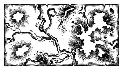 Cracked ground topography with craters and river paths in detailed woodcut style © Anna