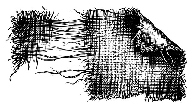 Torn woven fabric piece with frayed edges and loose threads in detailed grunge engraving style