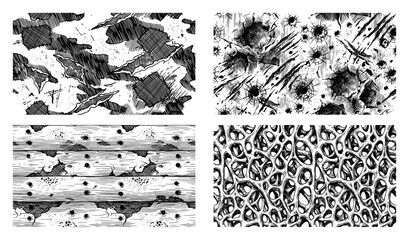 Bullet holes wooden planks and organic bone structure texture set in engraving style © Anna