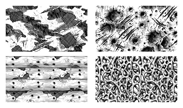 Bullet holes wooden planks and organic bone structure texture set in engraving style