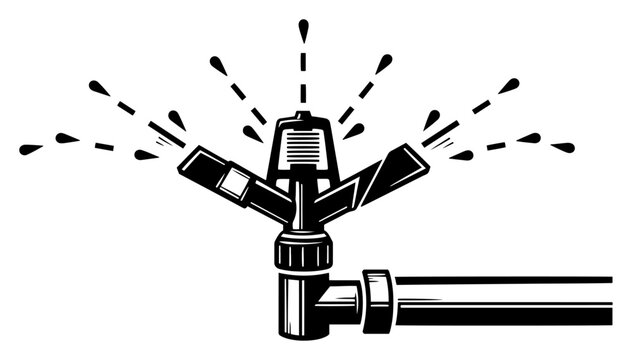 Garden sprinkler head spraying water droplets for lawn irrigation system in minimalist black and white style