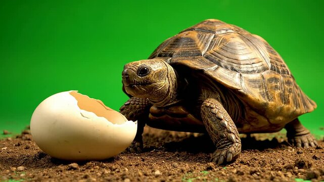Tortoise Emerging from Broken Eggshell in a Natural Setting with Vibrant Green Background