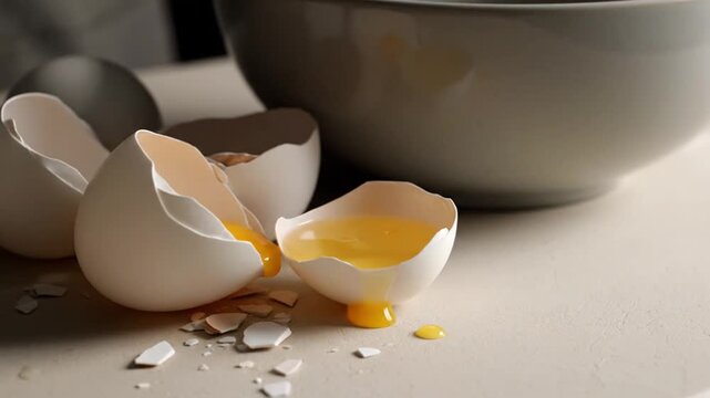Broken eggshells with spilled yolk on table.