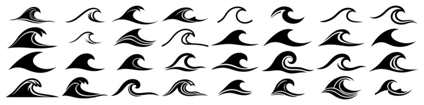 Ocean wave silhouettes and simple icons collection in minimalist graphic style