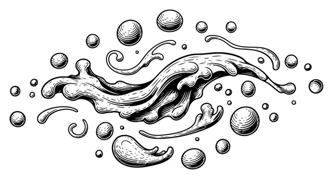 Dynamic liquid splash with swirling waves and round bubbles in vintage engraving style