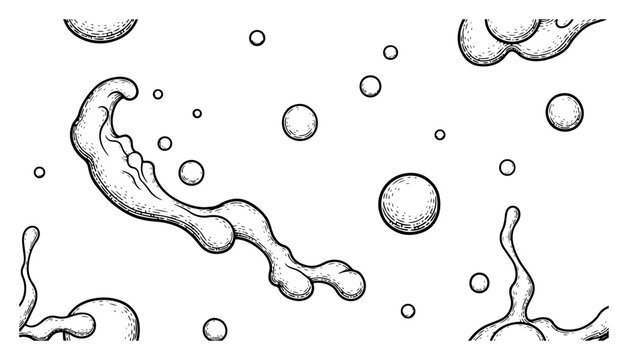 Fluid organic splashes and round liquid bubbles scattered in hand drawn sketch style