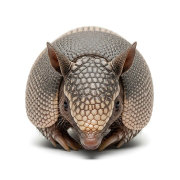 Close-up of an armadillo curled up isolated on a white background