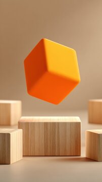 Vibrant orange cube levitating above natural wooden blocks on a neutral background symbolizing creativity and innovation in minimalistic composition