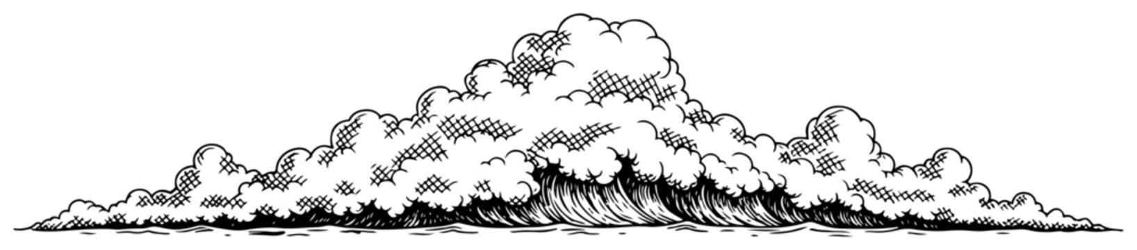 Panoramic clouds over ocean waves in detailed hand drawn engraving style