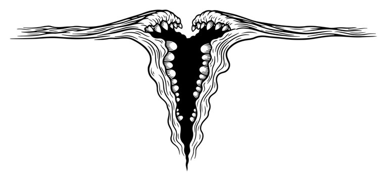 Gaping monster mouth with sharp teeth opening in ground in hand drawn engraving style