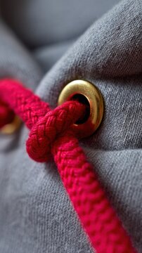 Detailed shot of a textured red braided cord threaded through a shiny brass eyelet on soft gray fabric, highlighting textile craftsmanship and material contrast
