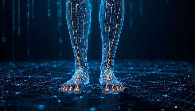 Futuristic digital illustration of glowing neural pathways in human legs