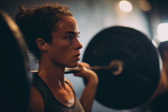 Determined young woman lifting heavy weights in a gym focused on strength training during an intense workout session with sweat glistening on her skin