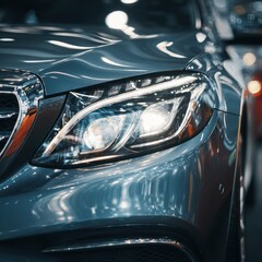 Fototapeta premium Detailed view of a sleek modern vehicle headlight illuminated in a dimly lit urban setting reflecting surrounding lights on a shiny metallic surface