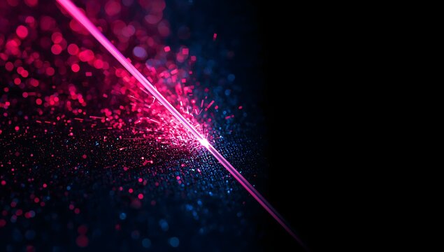 Cinematic macro shot of a glowing pink laser beam sparking on surface
