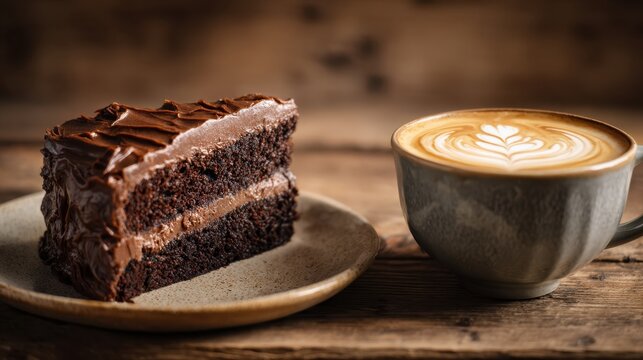 Rich decadent slice of chocolate layered cake with smooth frosting served on ceramic plate alongside a cup of creamy latte with intricate foam art on wooden table